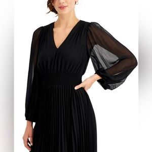 Taylor Black Midi Fit + Flare Sheer Sleeve Dress